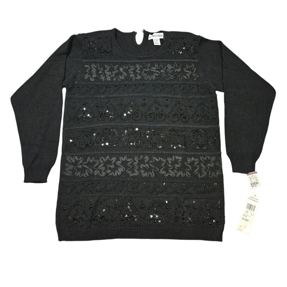 VTG Alfred Dunner Beaded Sequin Wool Blend Knit Sweater Black Sz M NWT